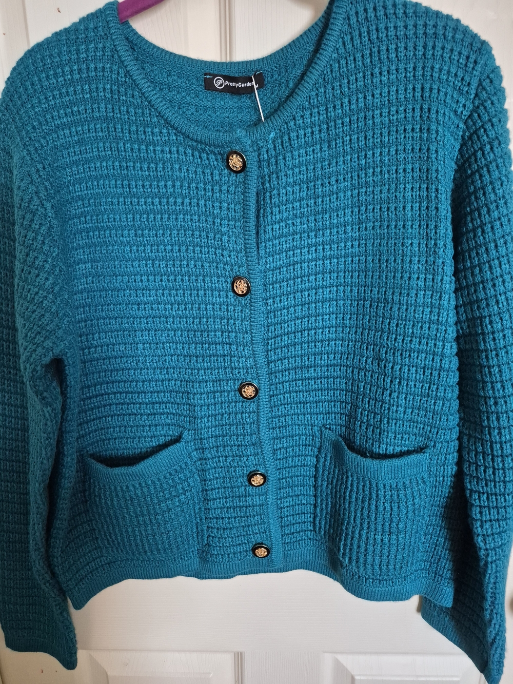 Pretty Garden Size Medium Teal Waffle-Knit Button-Front Women's Sweater